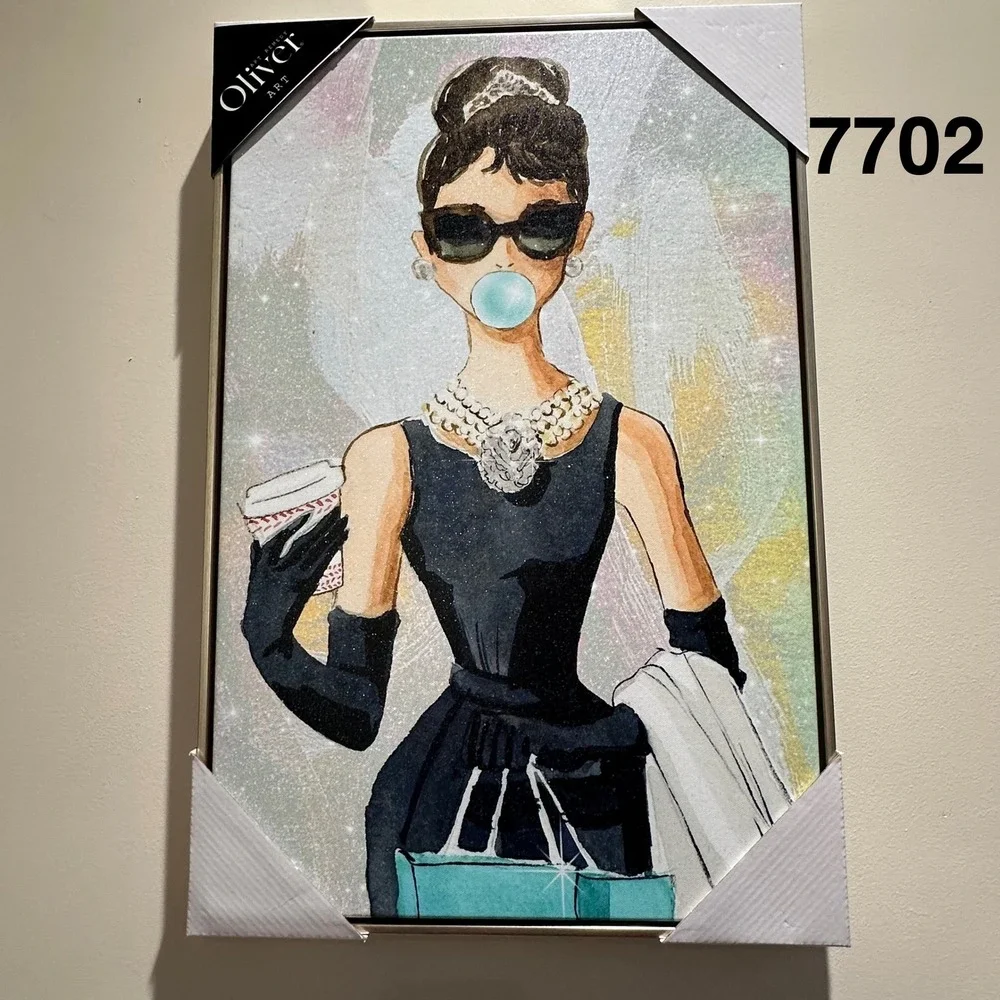Oliver Art Audrey Hepburn Framed Canvas Wall Art Glitter Bubblegum 16x24 New